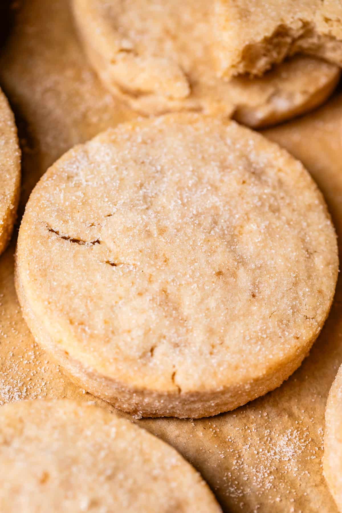round shortbread cookie on a baking sheet with granulated sugar.
