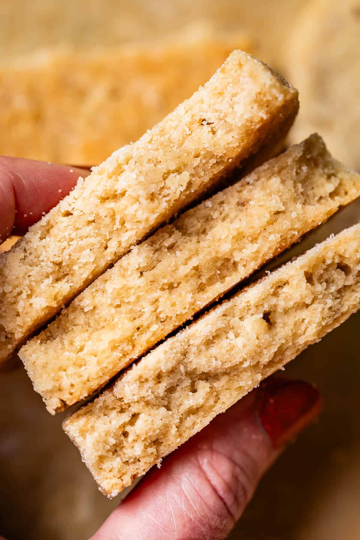 fingers holding stack of 3 shortbread cookies that are broken in half.