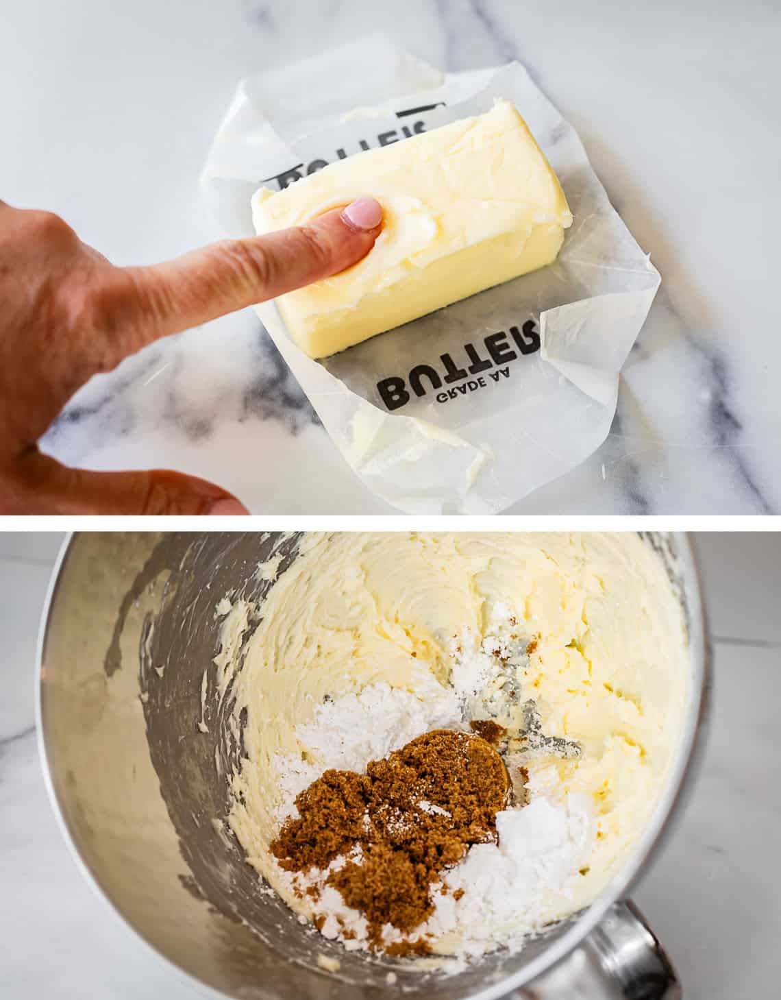 top: finger pressing down into softened butter; bottom: brown sugar added to mixer with butter.