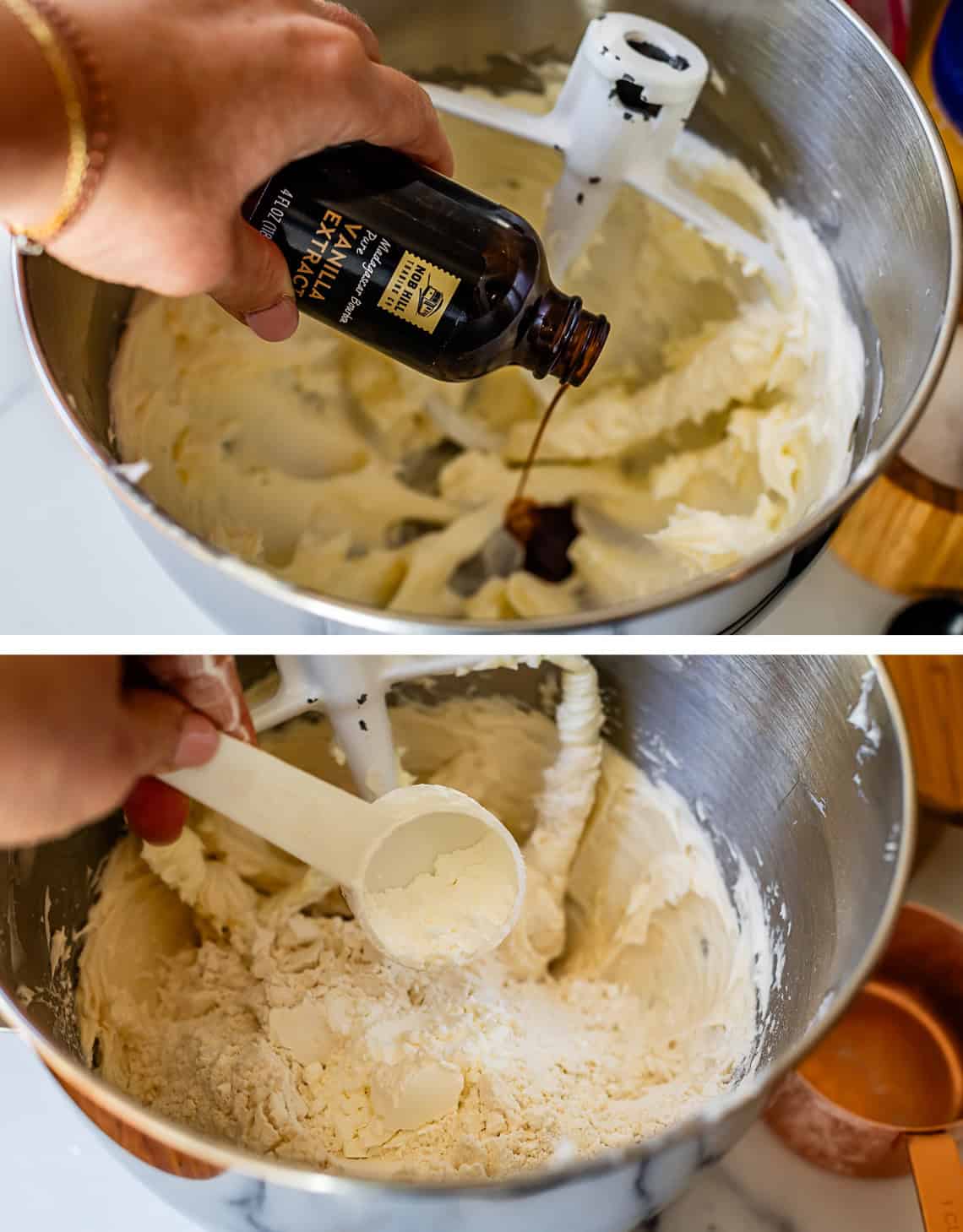 top: adding vanilla to mixing bowl; bottom: adding cornstarch to mixing bowl.