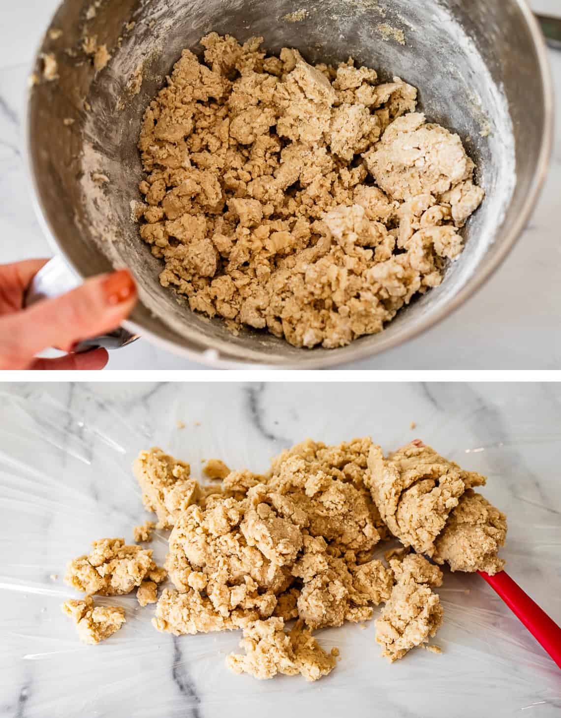 top: crumbly dough in mixing bowl; bottom: crumbly dough on plastic wrap.