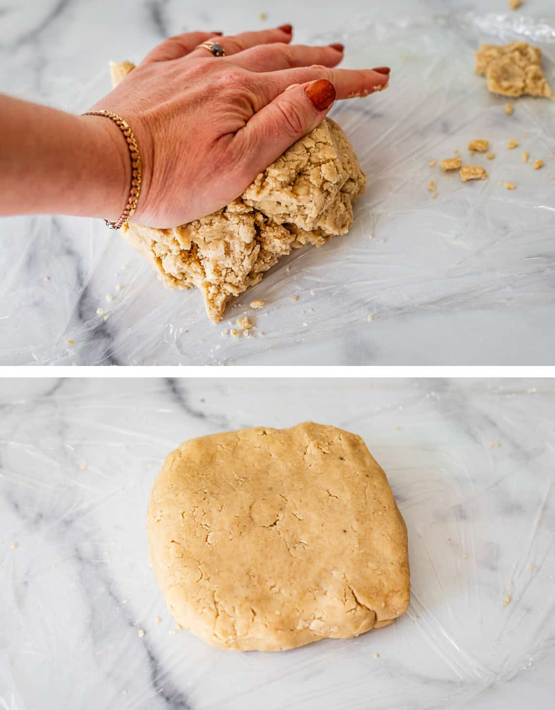 top: hand pressing dough together; bottom: dough flattened together into square.