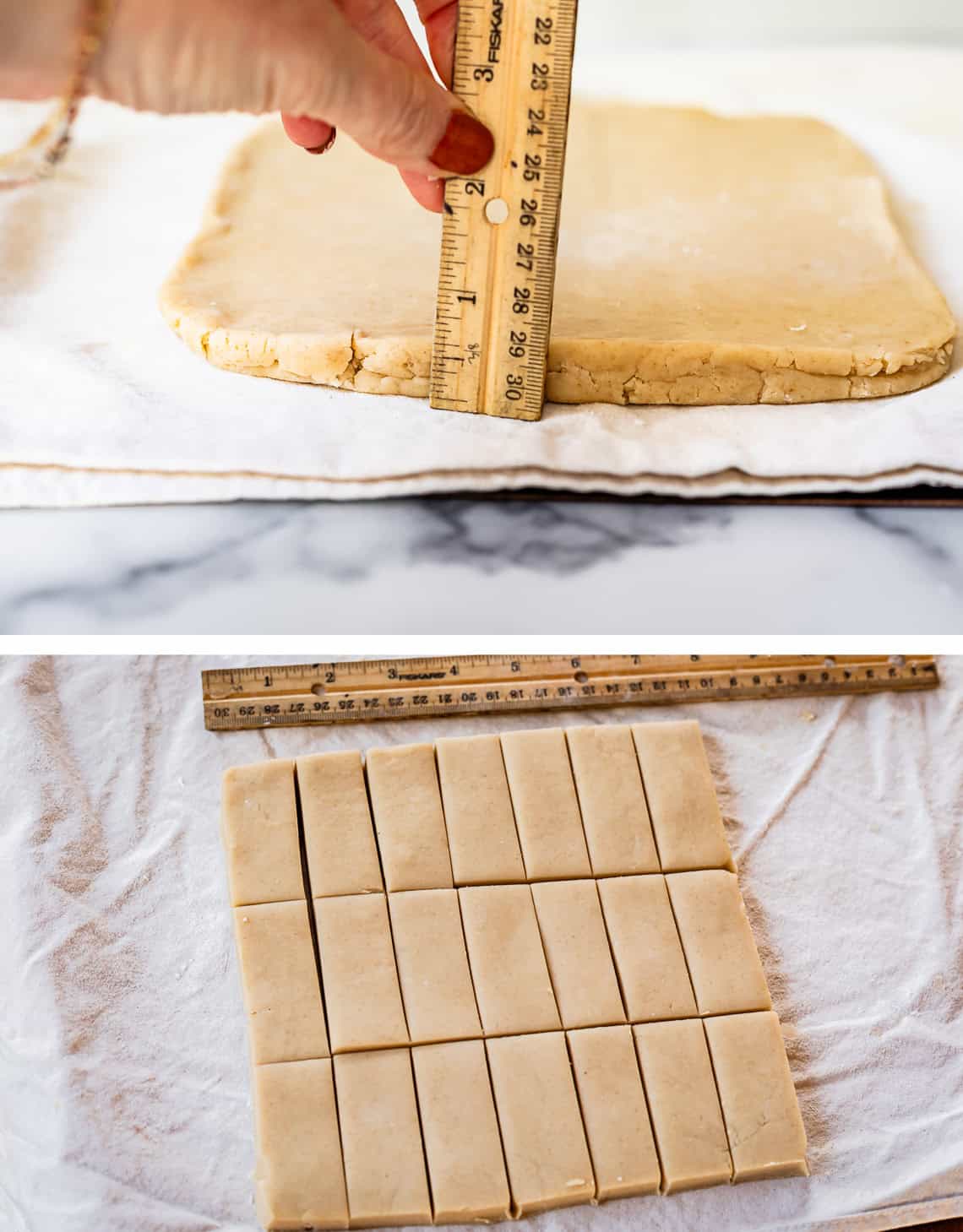 top: rolled out dough with ruler; bottom: dough cut into rectangles.