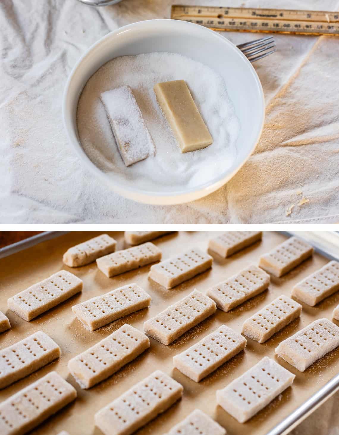 dough rectangles in a bowl of sugar; bottom: sugared dough rectangles on cookie sheet.