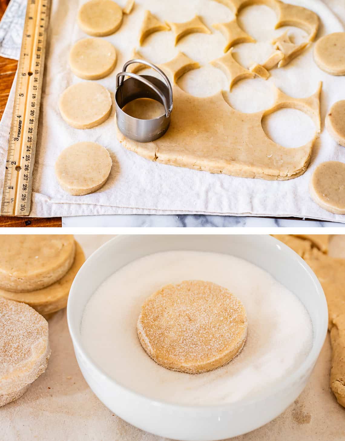 top: cutting rounds of dough with cutter; bottom: a round cookie getting sugared in a bowl.