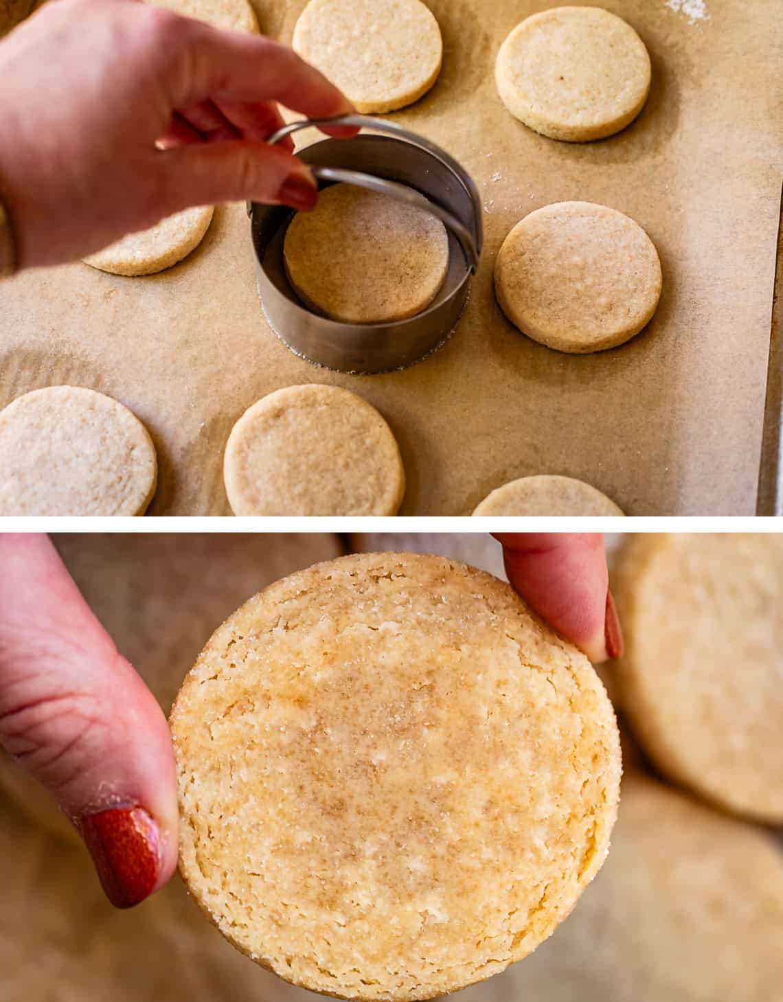 top: shaping half baked cookie with cutter; bottom: underside of cookie still moist.
