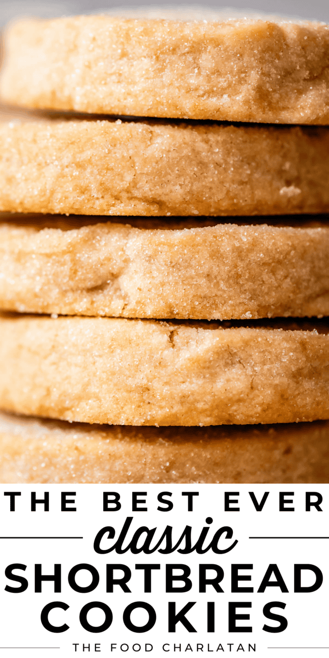 pin image with close up of round shortbread cookies.