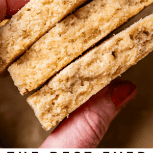 pin image of fingers holding stack of 3 shortbread cookies that are broken in half.