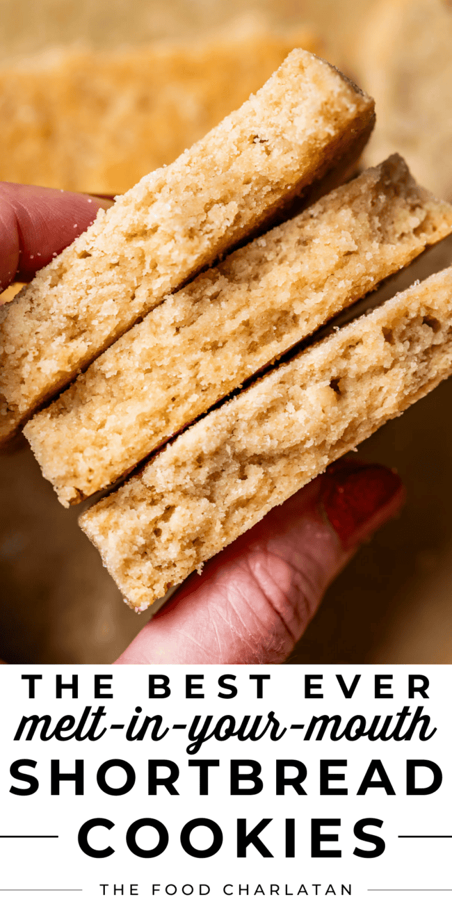 pin image of fingers holding stack of 3 shortbread cookies that are broken in half.