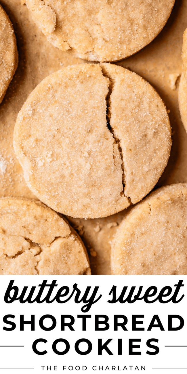 pin image with overhead shot of round shortbread cookie with crack down the side.