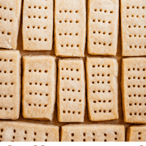 pin image with overhead shot of several lined up shortbread finger cookies.