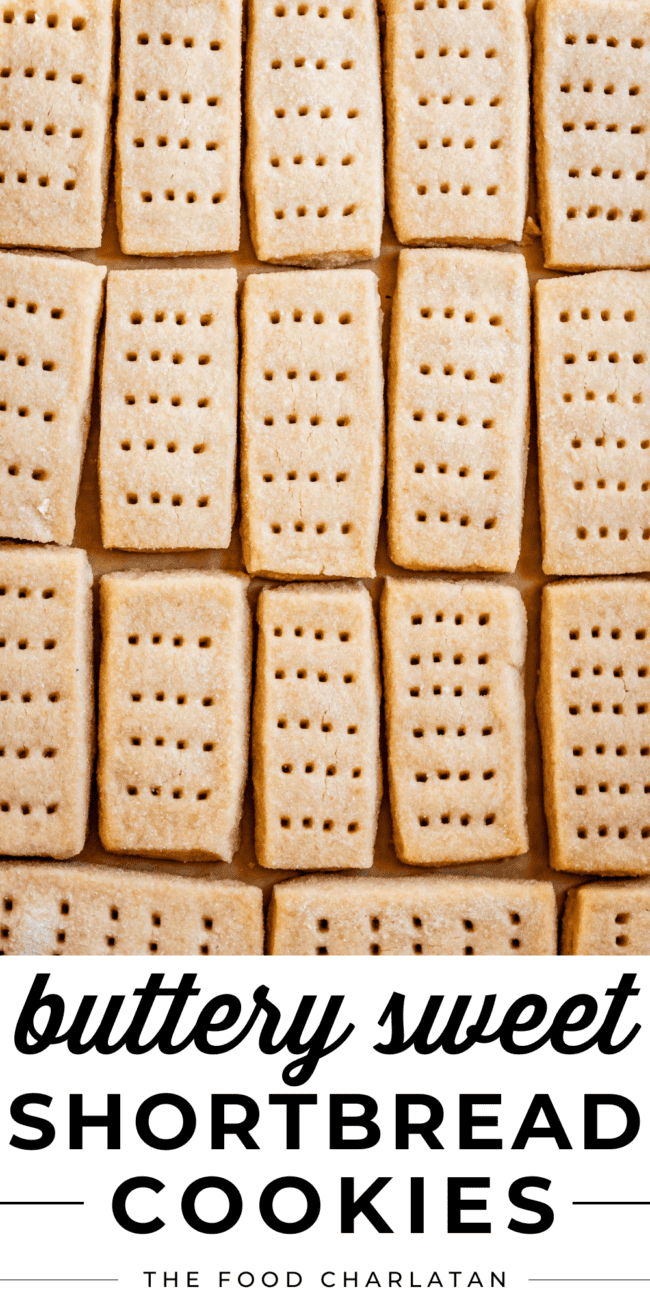 pin image with overhead shot of several lined up shortbread finger cookies.