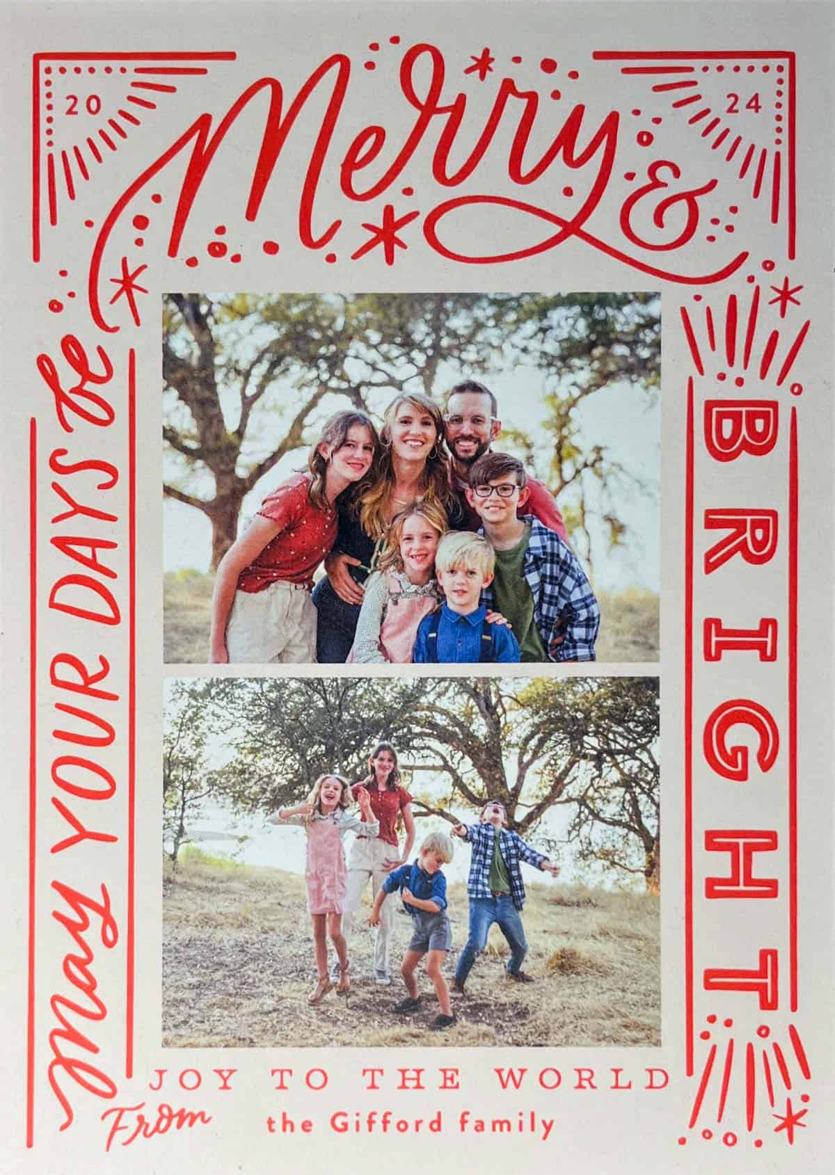 Christmas card that says May your days be merry and bright, with two family photos.