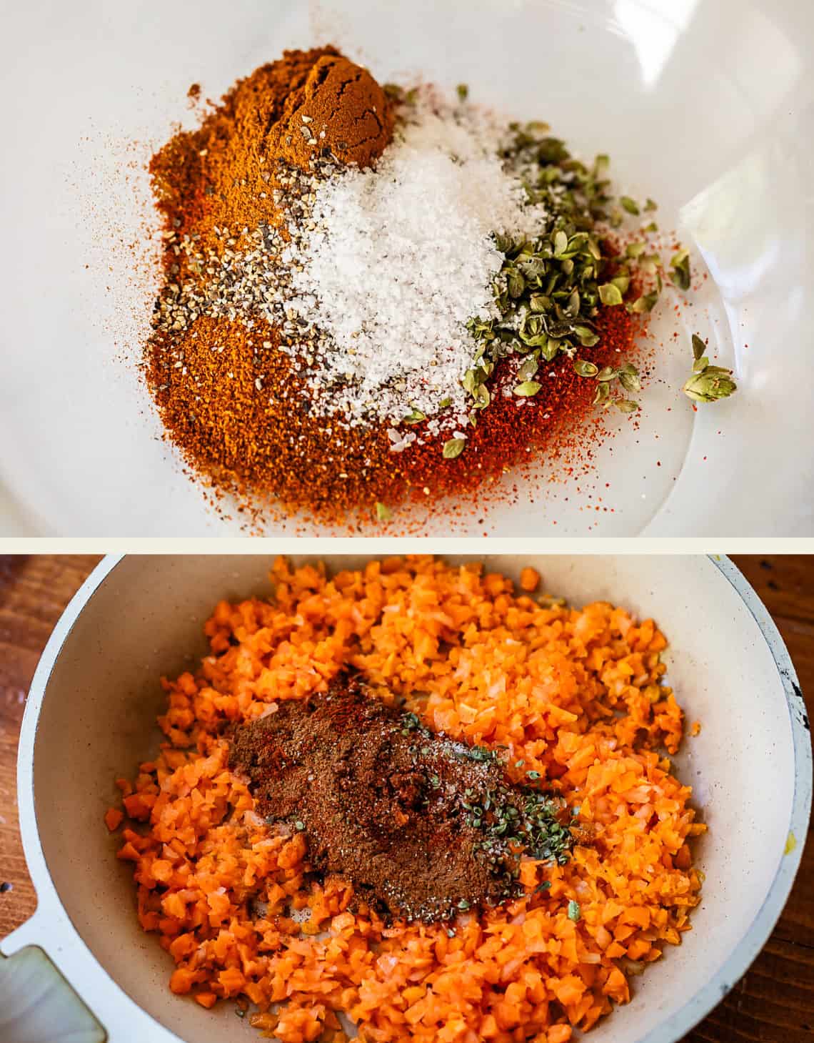 a spice blend in a bowl, the spice blend added to chopped veggies in a skillet.