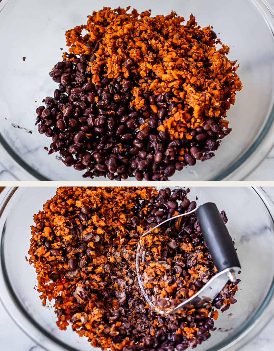 sauteed veggie mixture being smashed into black beans in a bowl.