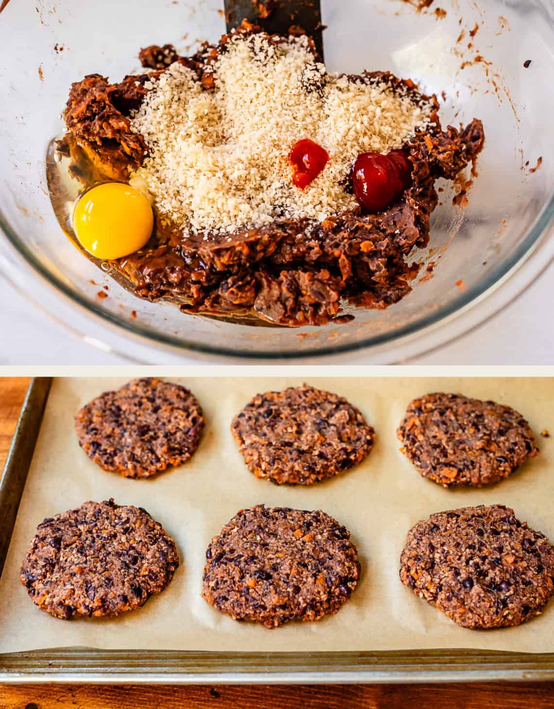 making black bean mixture with egg and panko, shaped black bean patties on a baking sheet.