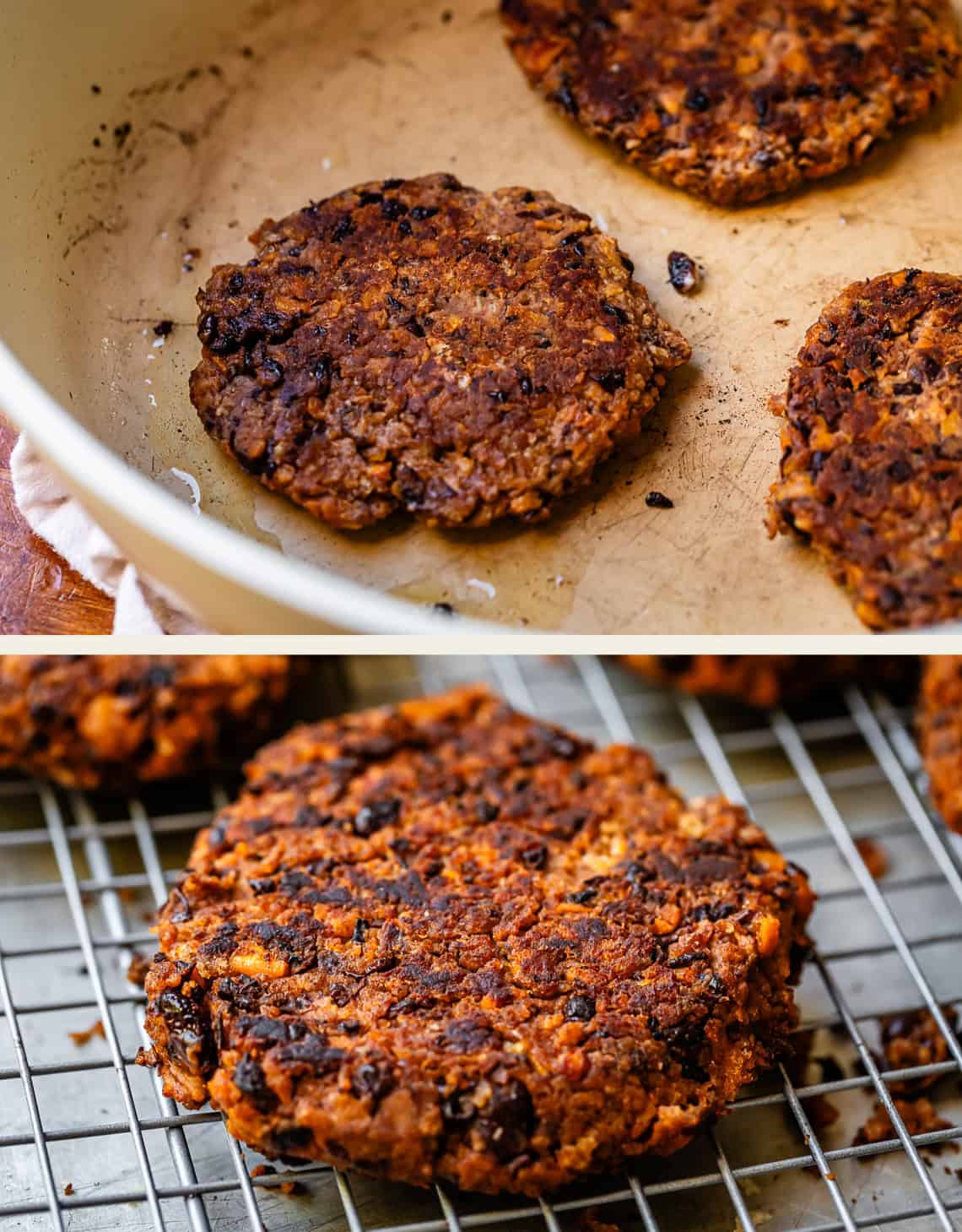cooking black bean burger patties, the same patties on a cooling rack.