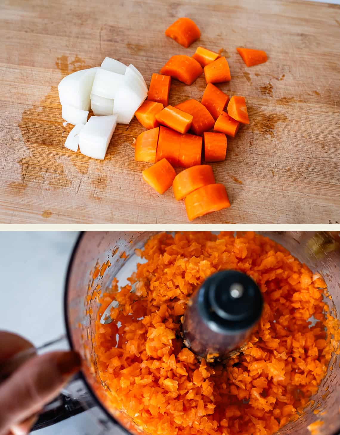 chopped carrots and onions, minced carrots and onions in a food processor.