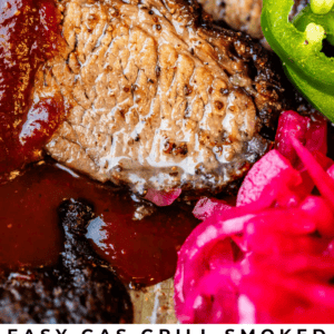 slice of brisket with sauce and pickled onions.