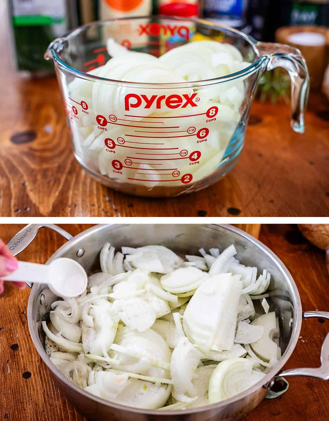 top: onions in glass measuring cup, bottom: salt sprinkling from teaspoon over onions.