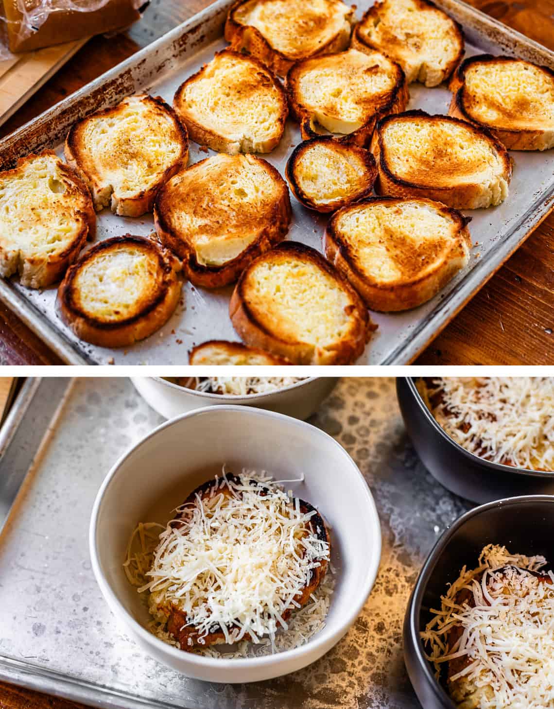 top: toasted bread on baking sheet; bottom: bread and cheese in bowl to be toasted.