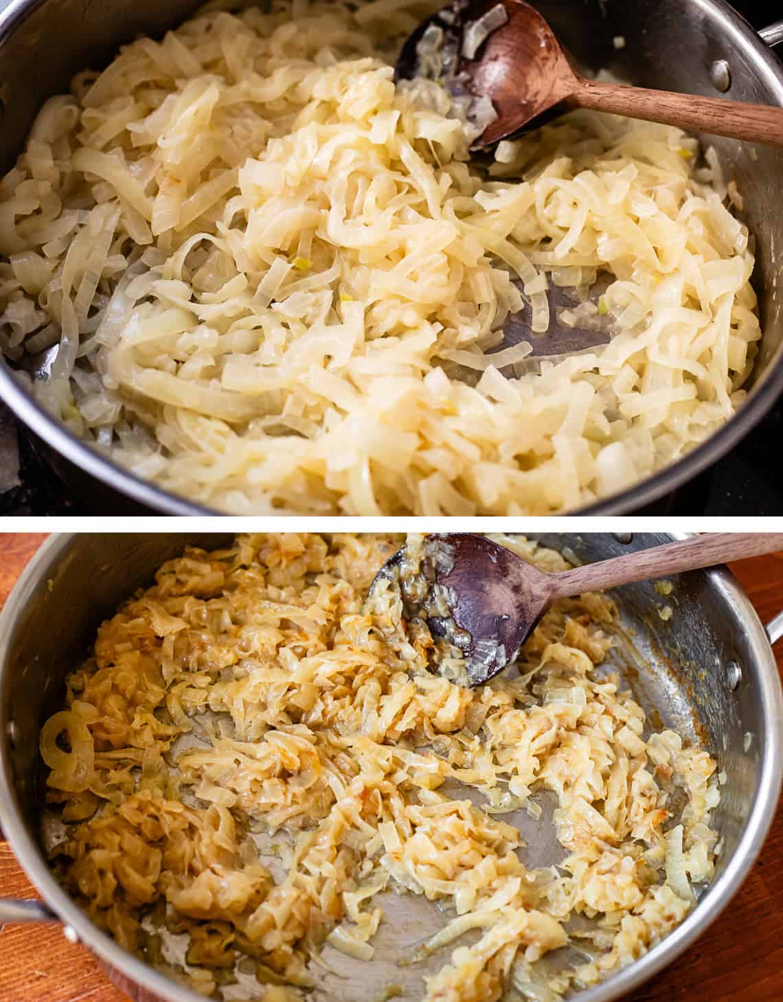 top: onions sauteing, blonde still, bottom: onions starting to barely turn golden.