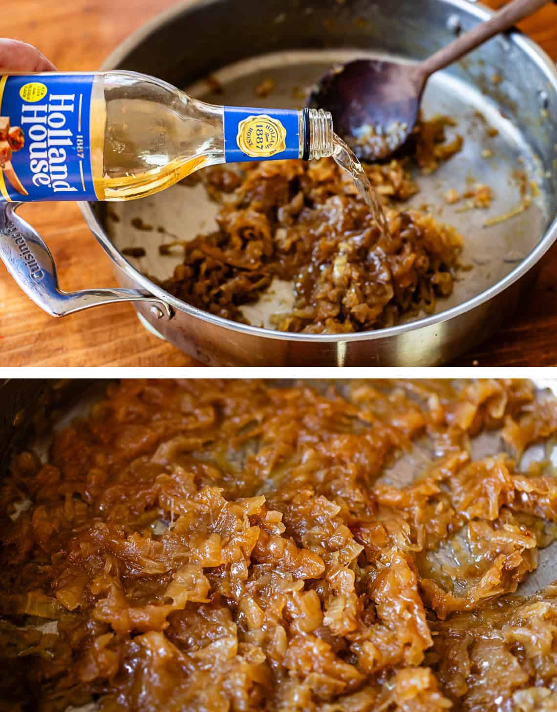 top: adding wine to onions; bottom: close up of finished onions with wine.