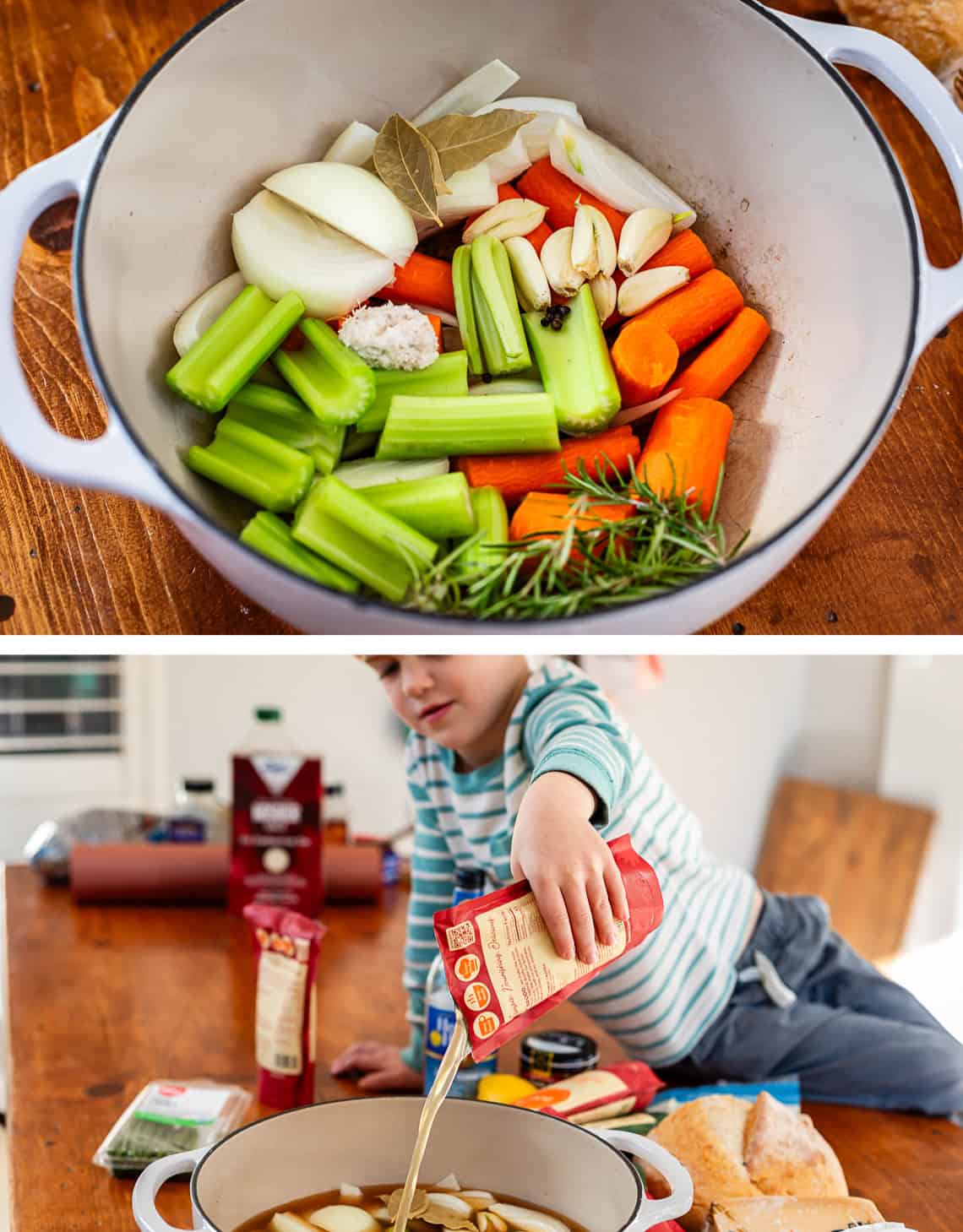 top: pot with fresh veggies to simmer in broth, bottom: boy pouring broth over veggies.
