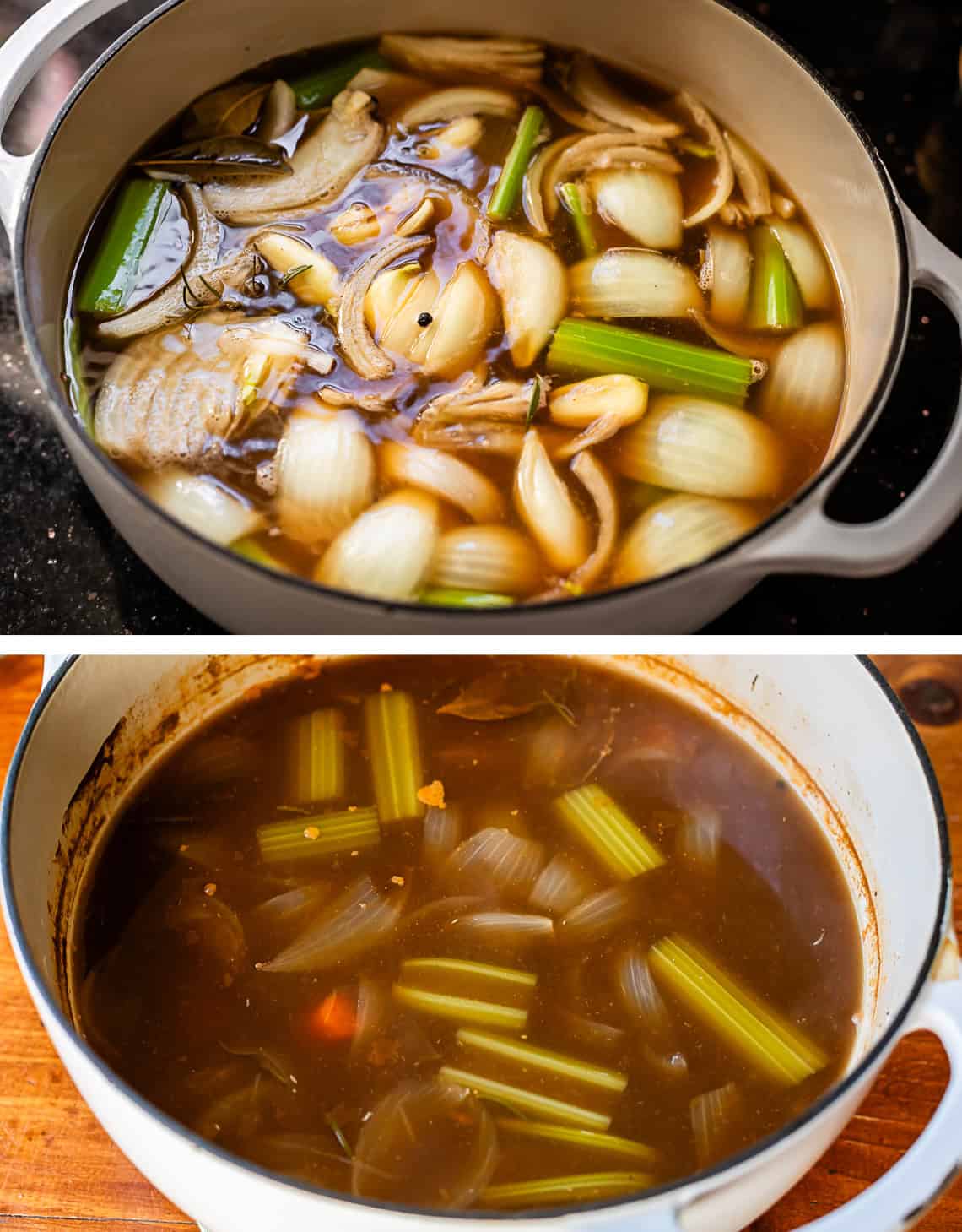 top: fresh veggies in broth, bottom: cooked veggies after broth has simmered.