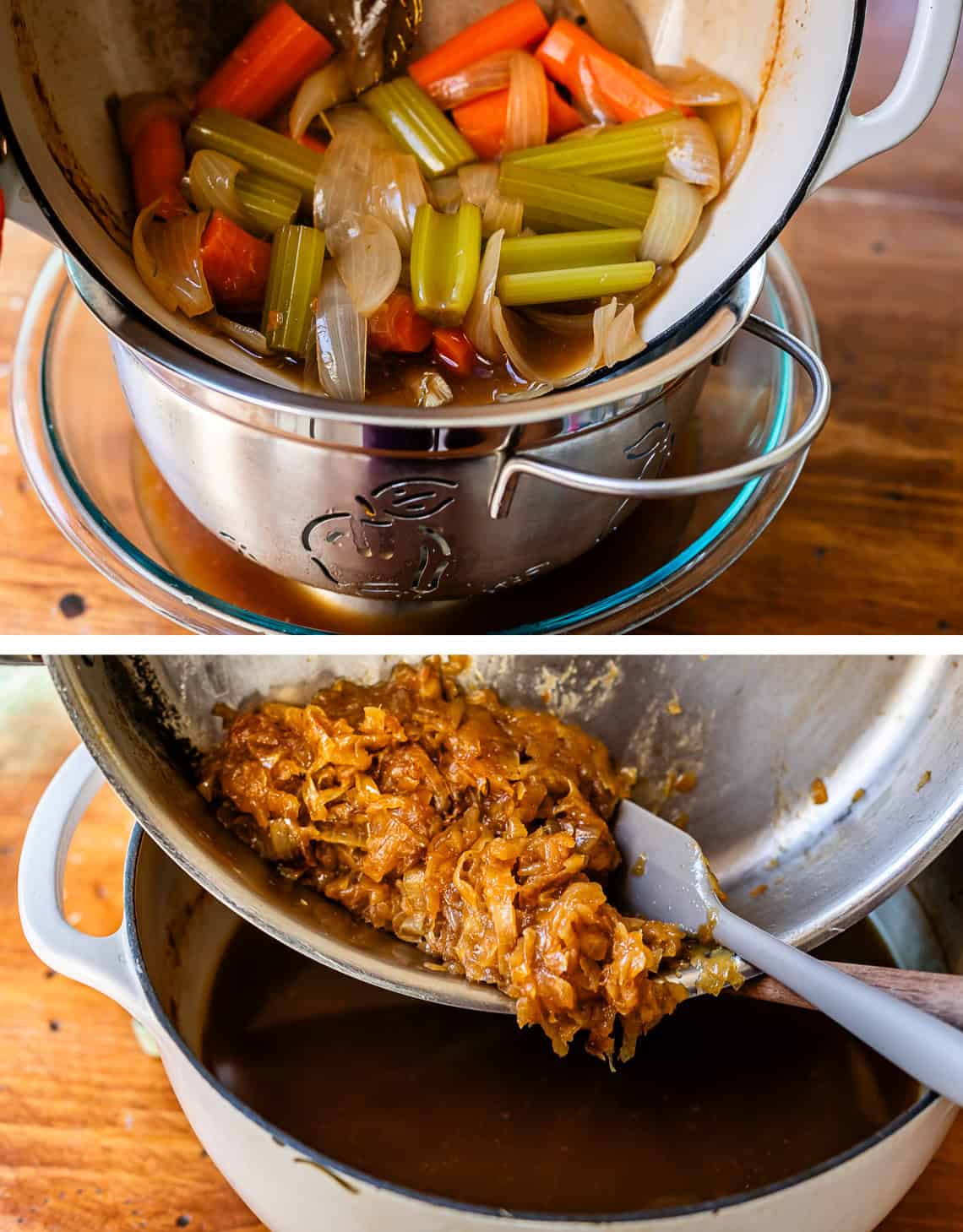 top: draining veggies through colander, bototm: adding caramelized onions to broth.