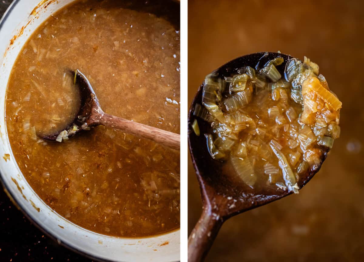 top: pot of finished french onion soup broth, bottom: wooden spoon holding soup.
