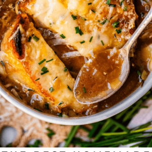 pinterest image of french onion soup with text "the best homemade french onion soup".