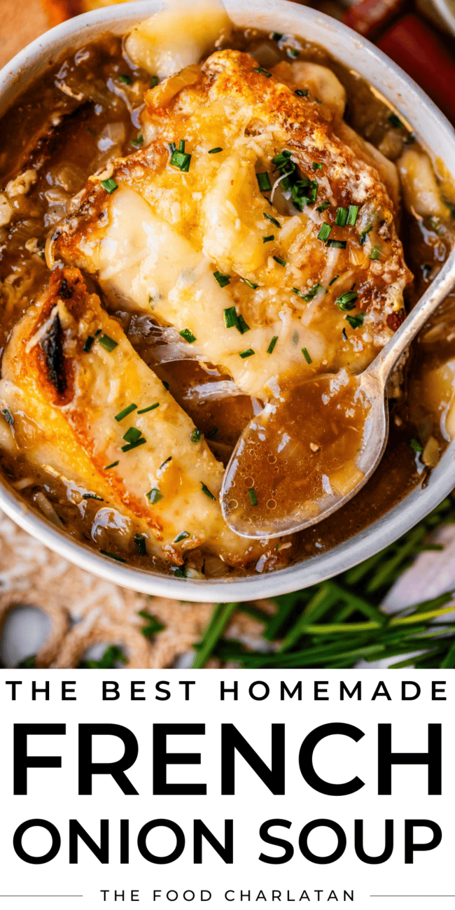 pinterest image of french onion soup with text "the best homemade french onion soup".