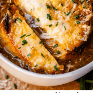 pinterest image of french onion soup with text "caramelized french onion soup".