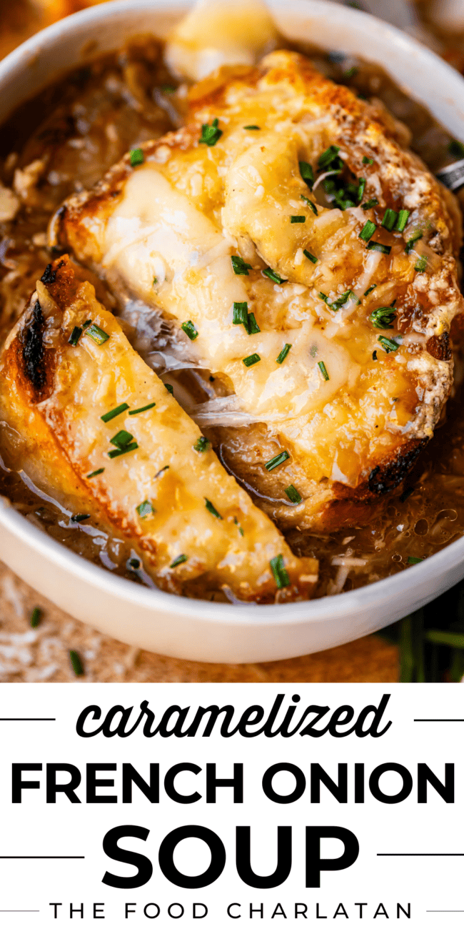 pinterest image of french onion soup with text "caramelized french onion soup".