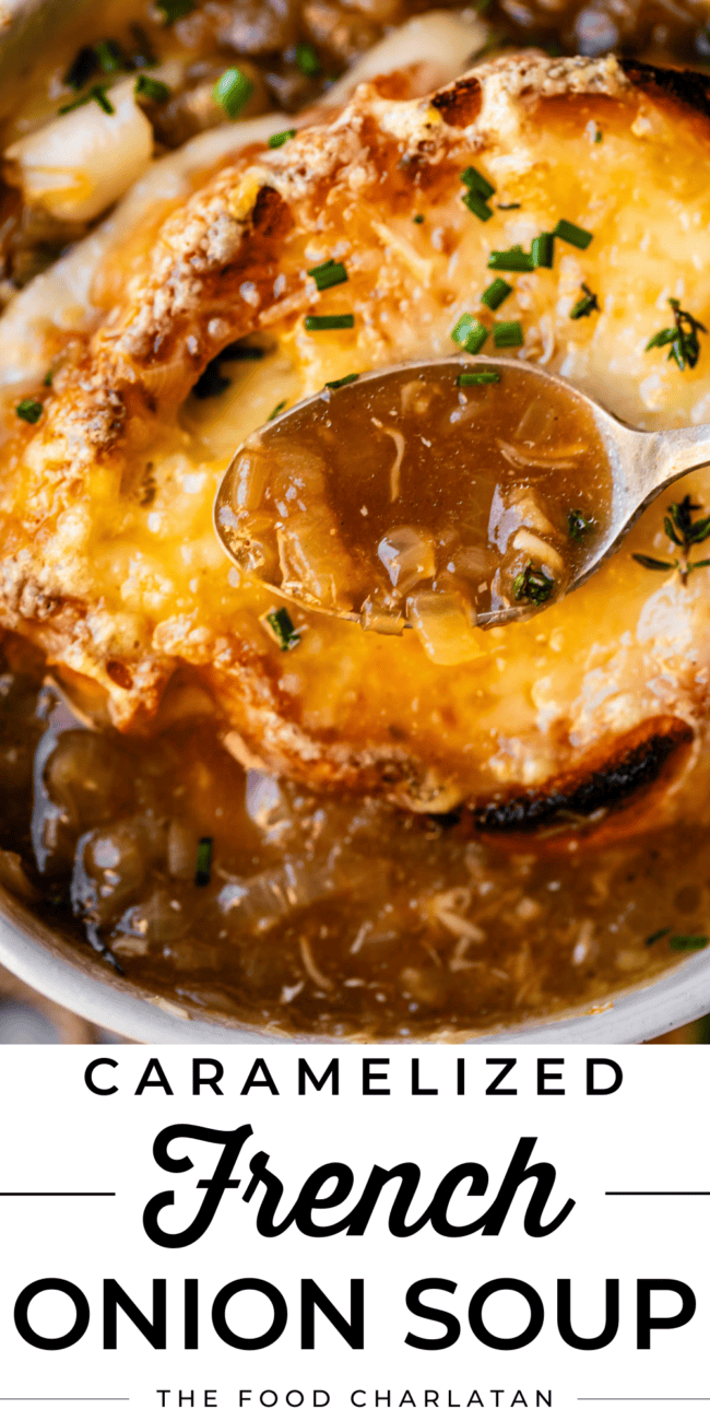 pinterest image of french onion soup with text "caramelized french onion soup".