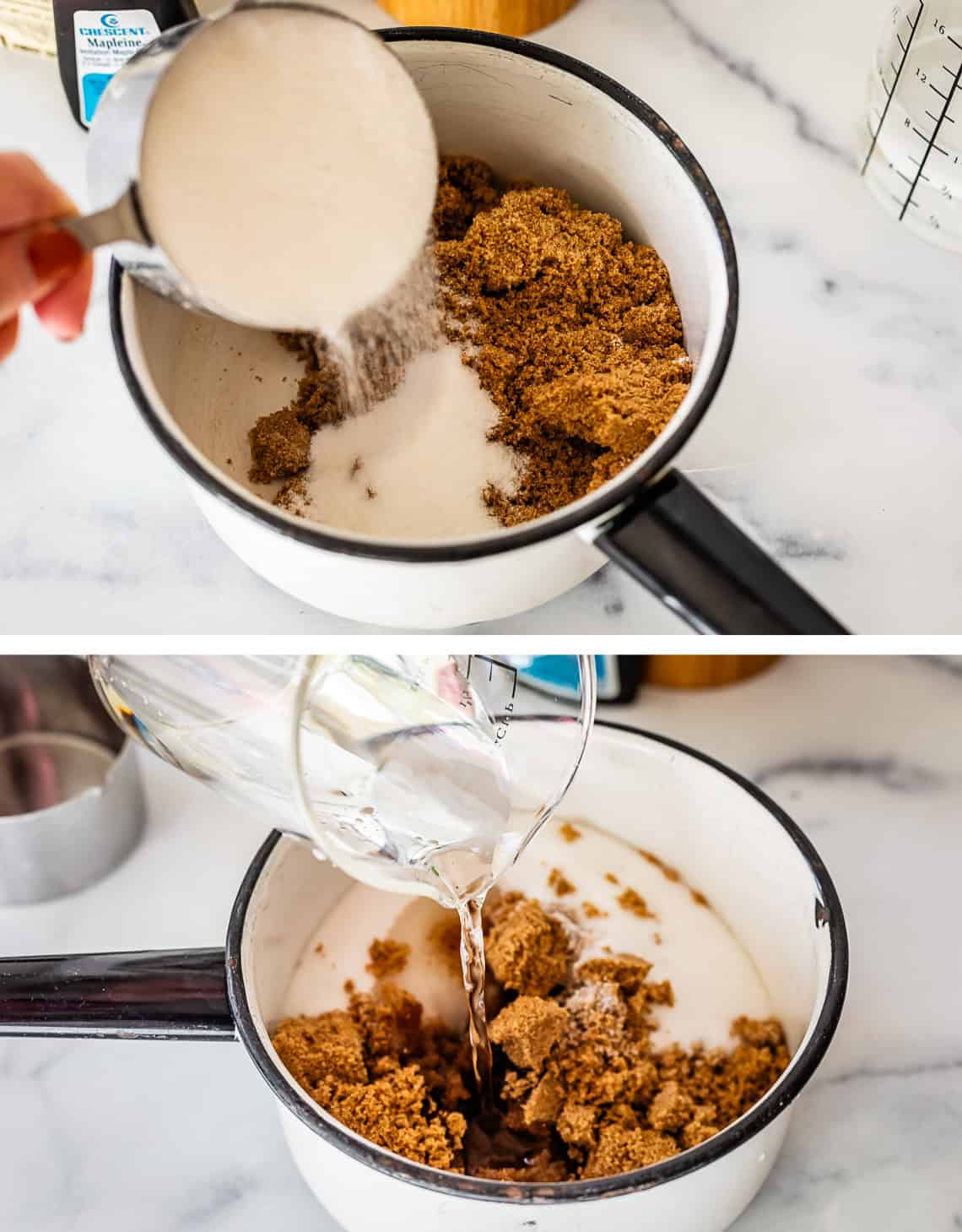 pouring sugar and water into a saucepan.