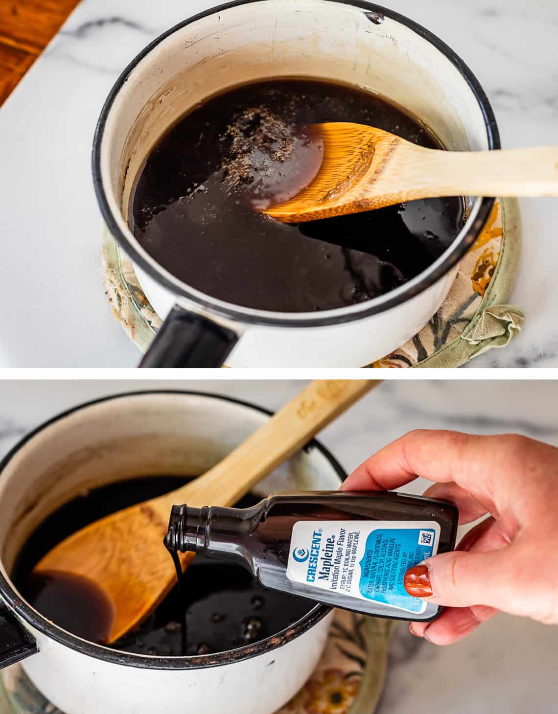 Pouring imitation maple flavoring in pan of boiling sugars and water to make syrup.