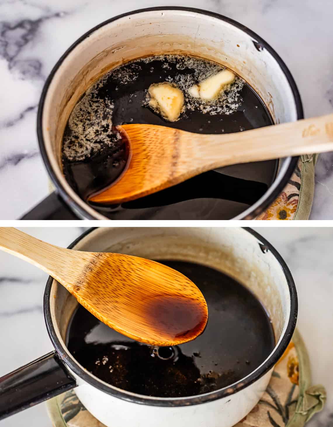 Stirring syrup inside pot with wooden spoon.