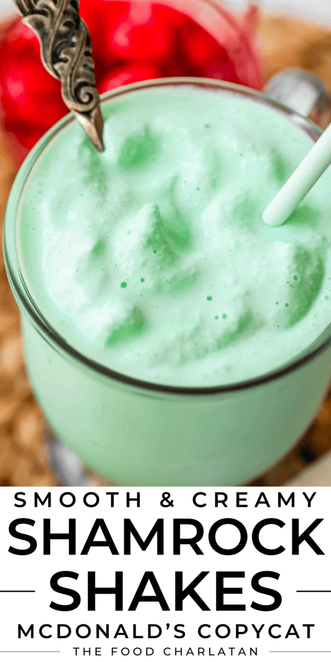 pinterest image of mint shake with text "smooth & creamy shamrock shakes mcdonalds copycat".