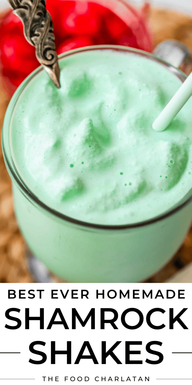 pinterest image of mint shake with text "best ever homemade shamrock shakes".