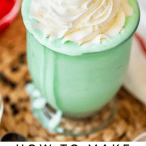 pinterest image of mint shake with text "how to make shamrock shakes 5 minute recipe".