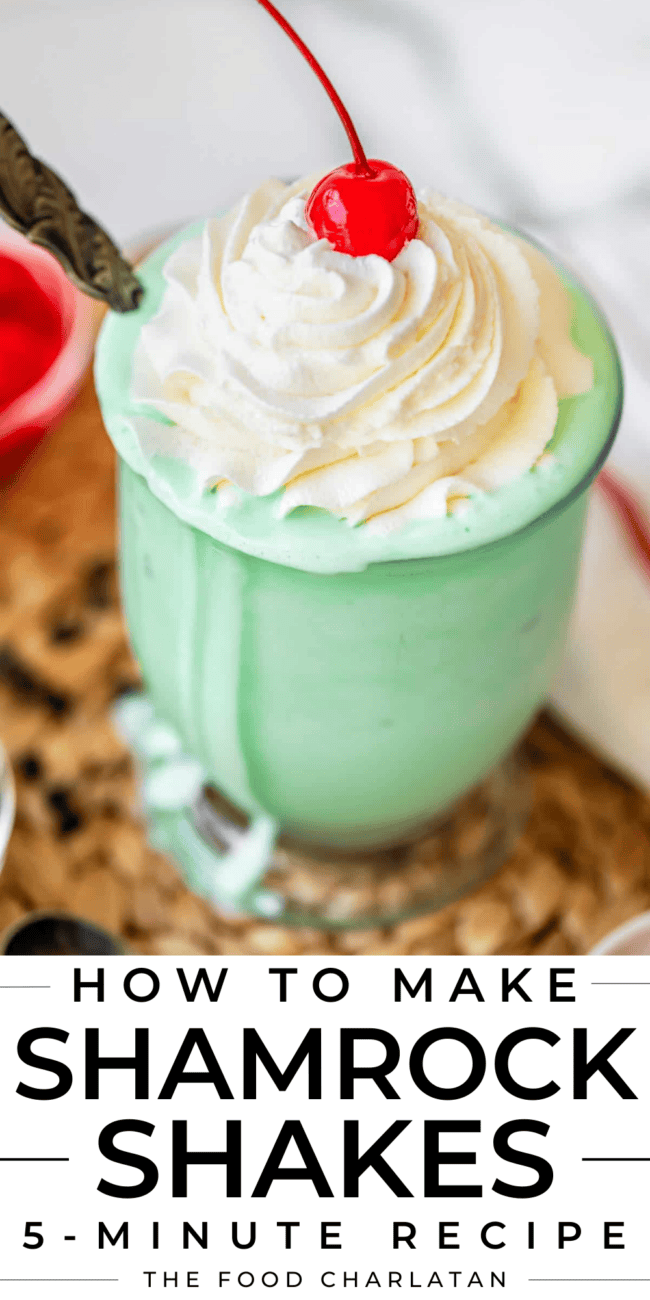 pinterest image of mint shake with text "how to make shamrock shakes 5 minute recipe".