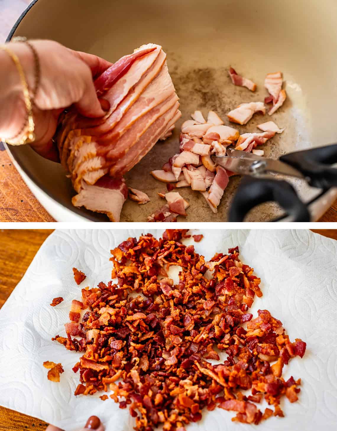 cooking cut bacon in a skillet, chopped cooked bacon on a paper towel.