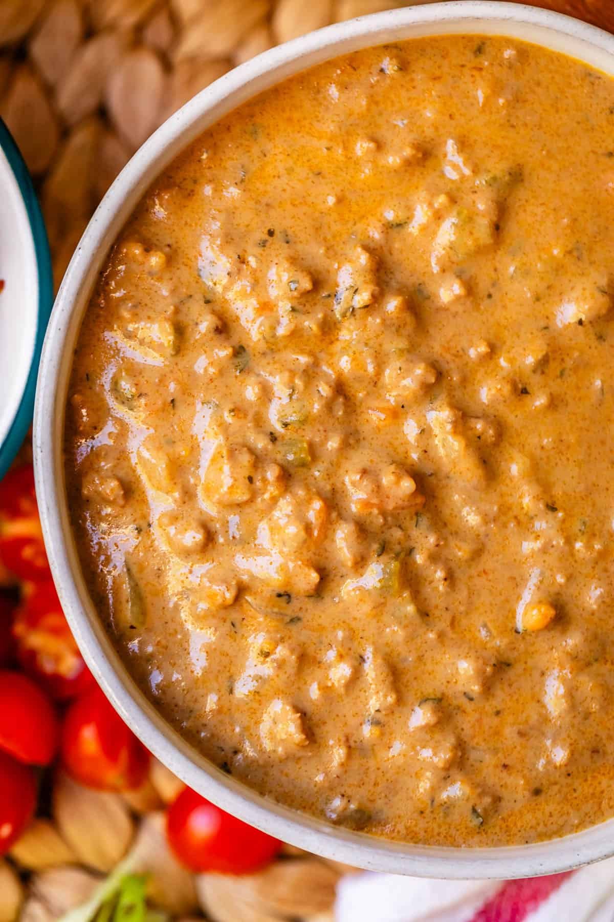 cheeseburger soup in a bowl with no garnishes.
