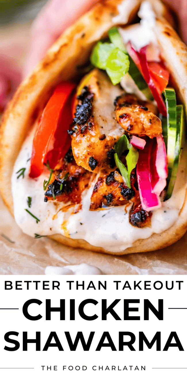 pinterest image of chicken shawarma with text "better than takeout chicken shawarma".