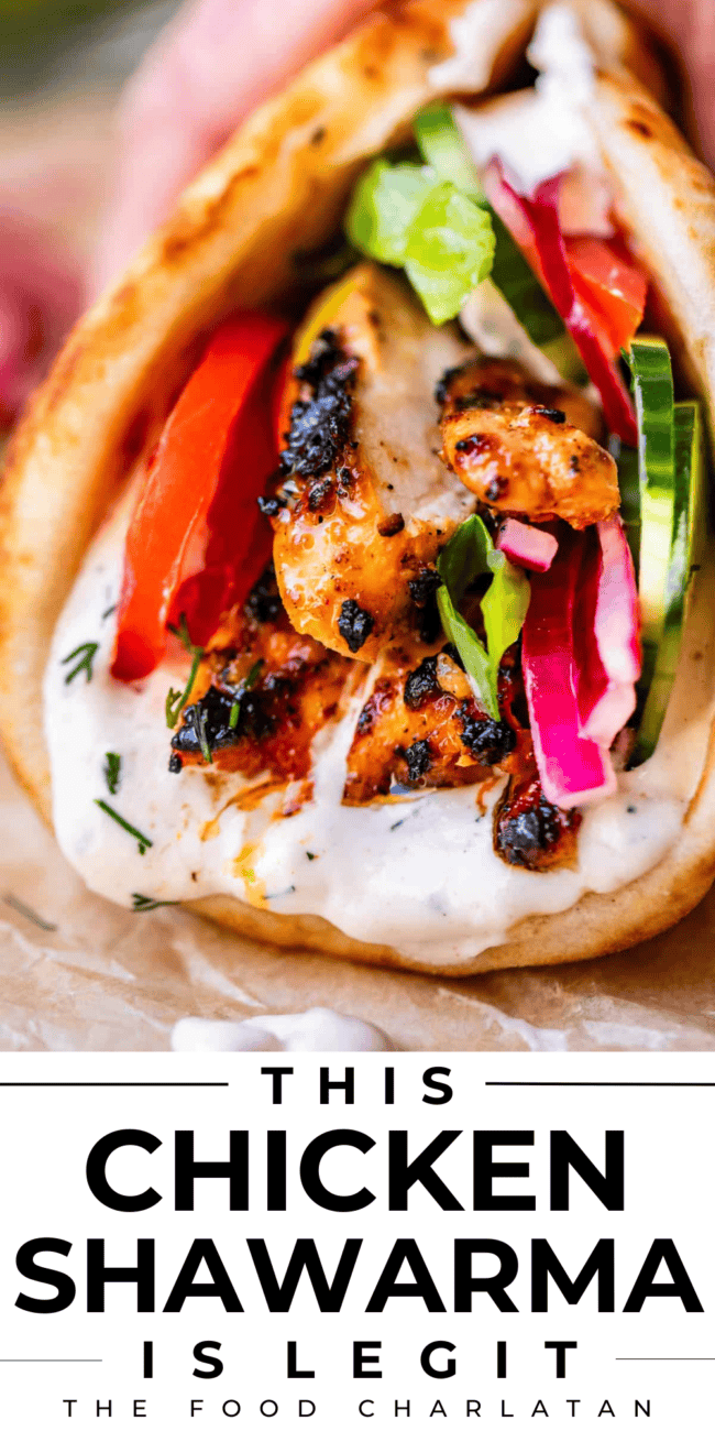 pinterest image of chicken shawarma with text "this chicken shawarma is legit".