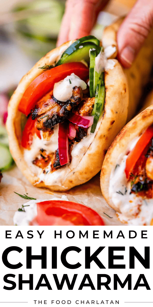 pinterest image of chicken shawarma with text "easy homemade chicken shawarma".