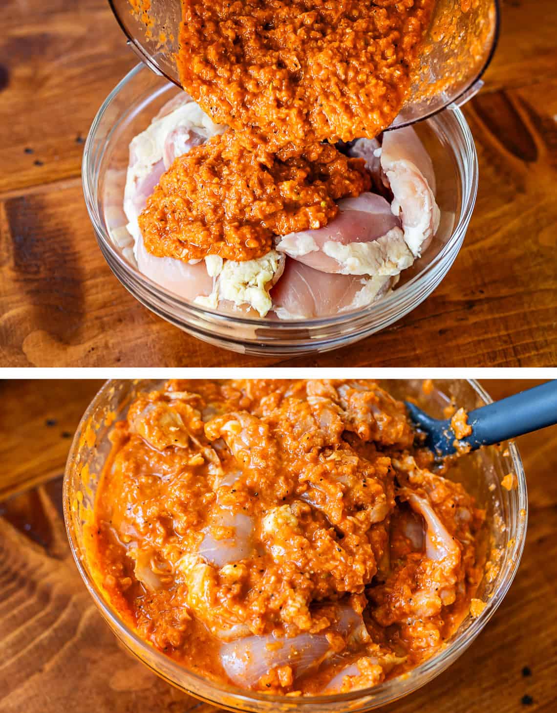 top: pouring marinade over raw chicken, bottom: marinade stirred into chicken.