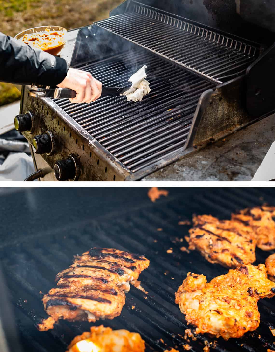 top: oiling grill grate with paper towel, bottom: chicken piece on grill.
